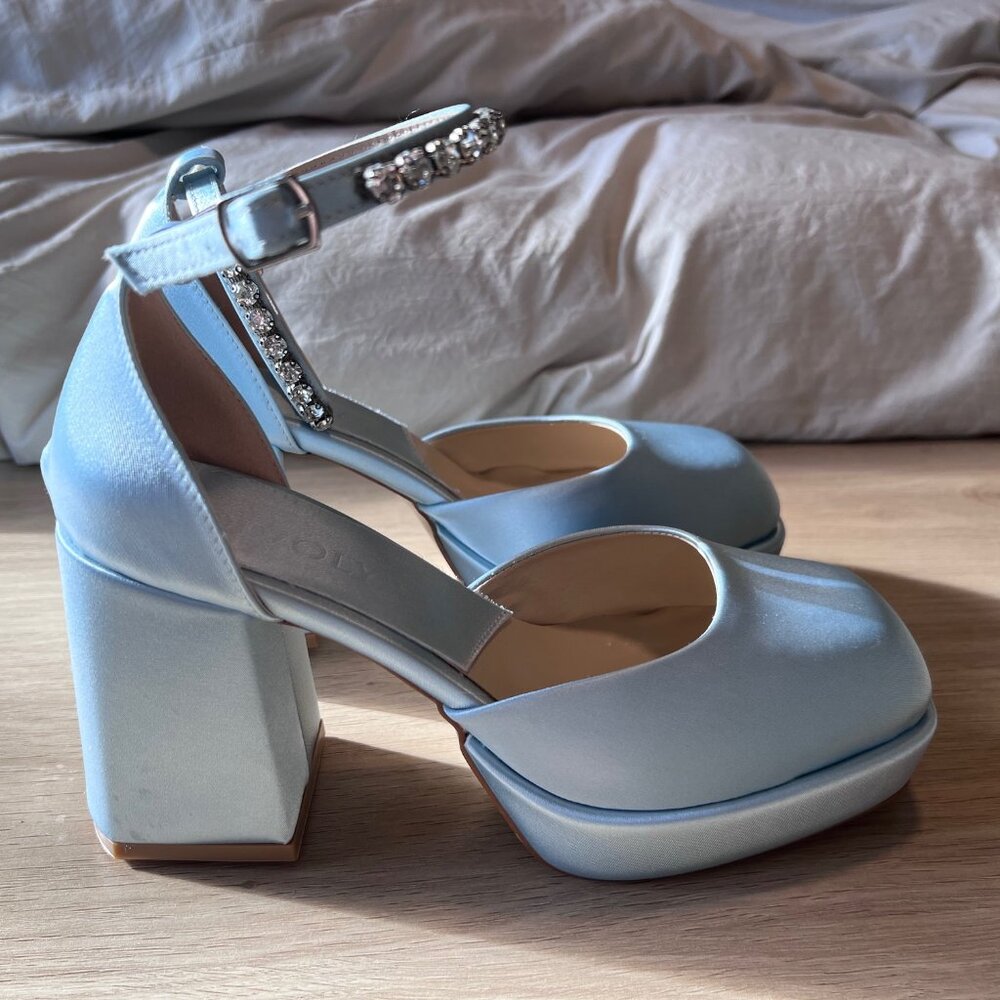 DIVOLYA Baby Blue Satin Square Toe Heel